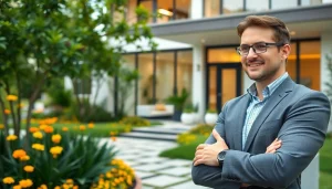 Real Estate agent presenting a modern home in a welcoming suburban environment.