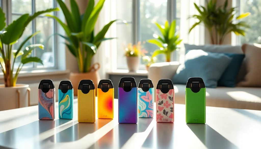 Erleben Sie die Vielfalt der hqd pods mit bunten Designs auf einem modernen Tisch, umgeben von elegantem Ambiente.