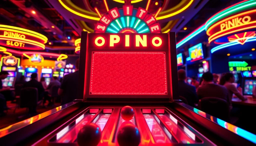 Permainan slot plinko menarik dengan papan berwarna-warni di lingkungan kasino yang hidup.