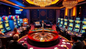 Engaging gaming experience at 6RWIN33 COM with vibrant roulette wheel and casino tables.
