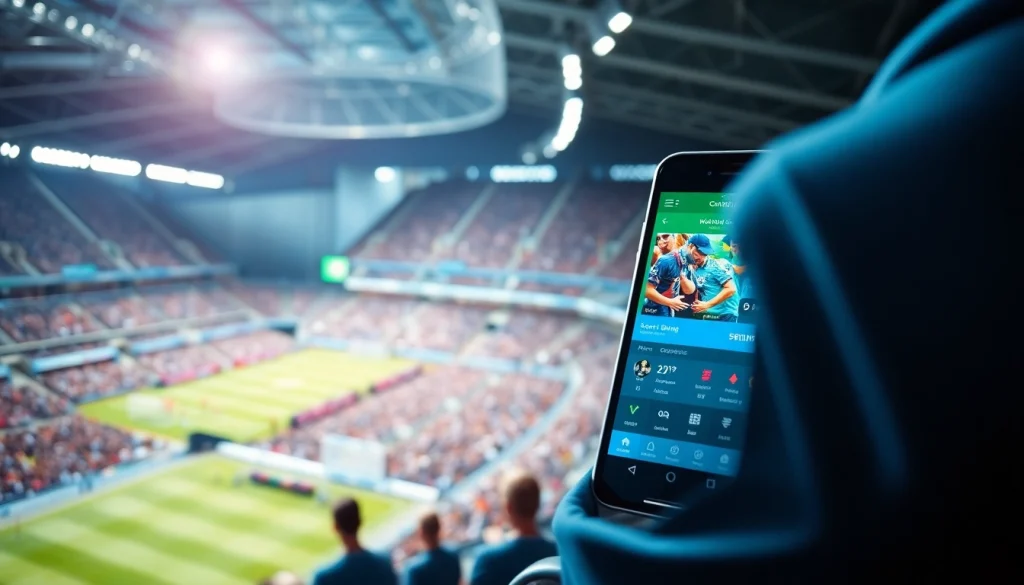 Experience online sports betting Canada with an engaging smartphone displaying betting odds amidst a vibrant stadium scene.