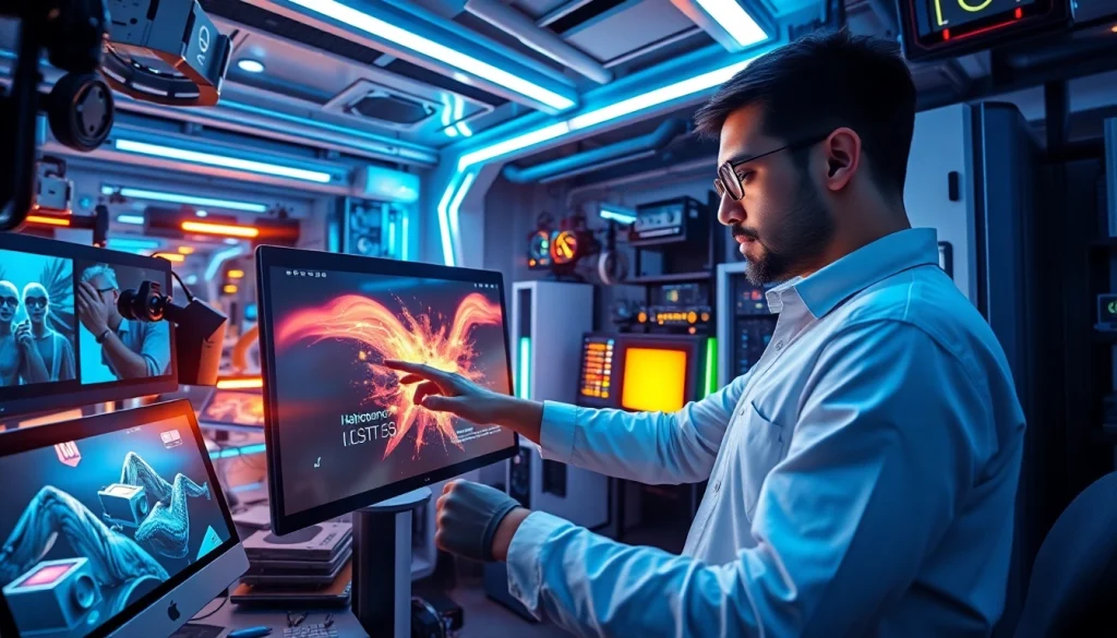 Nano Banana 2 AI in a vibrant digital art studio generating stunning visuals, showcasing advanced technology.