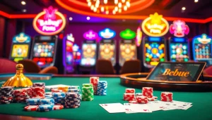 Play poker with vibrant chips at Babu88's casino table featuring thrilling slot machines.