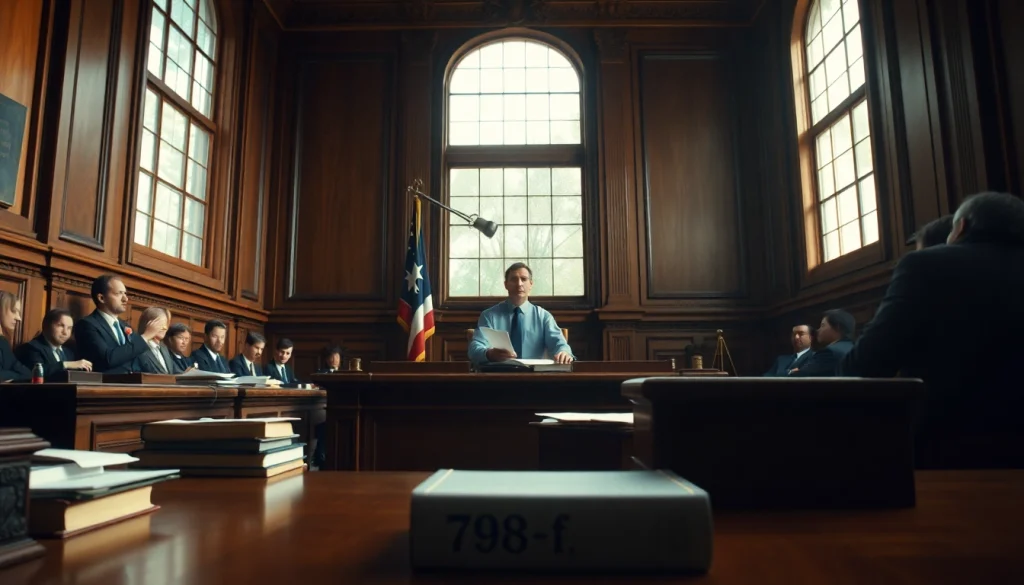 Courtroom scene featuring judge and legal arguments related to 798 f, emphasizing professionalism and seriousness.