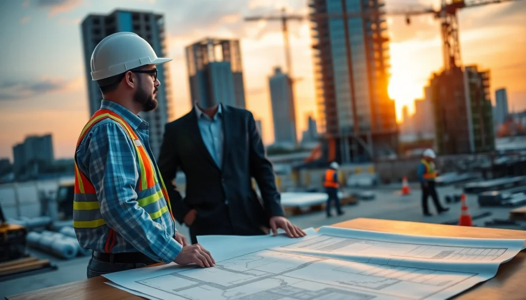 Experienced Manhattan General Contractor managing a busy construction site with blueprints and workers.