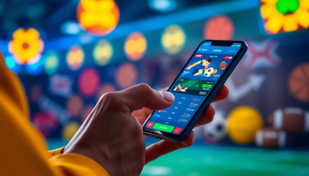 Engaging interface for online sports betting California on a mobile device with sports motifs.