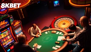 Experience the excitement of 8KBET with dynamic casino visuals showcasing poker, slots, and roulette.