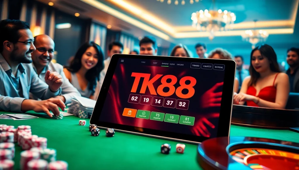 Engaged gamblers enjoying a vibrant TK88 online casino experience with cards and chips.