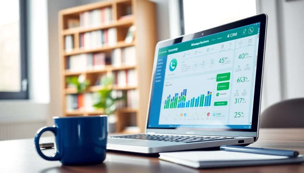 Enhance efficiency with a WhatsApp Business CRM workspace capturing a digital dashboard and interaction elements.