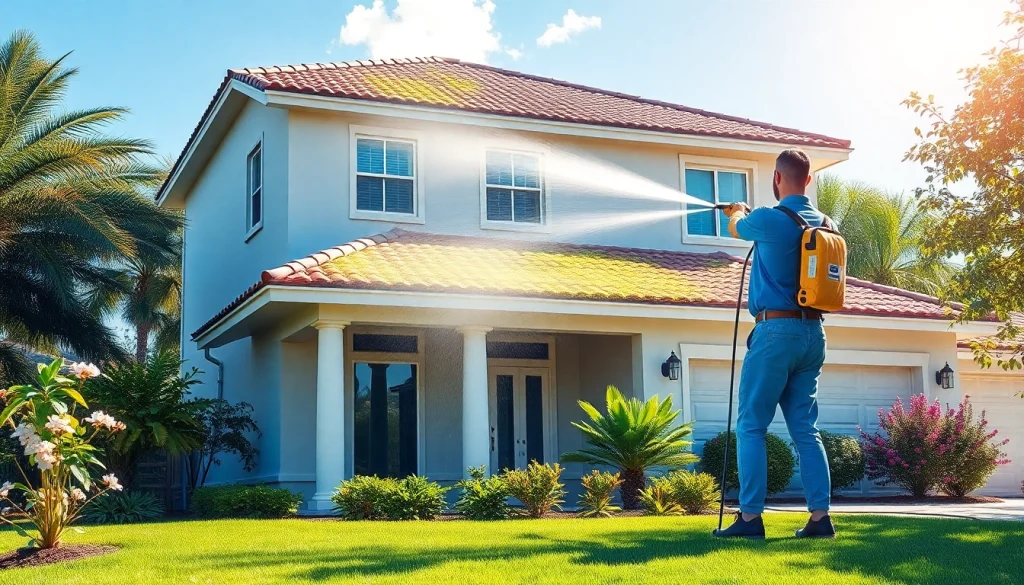 Roof cleaning service showcasing technicians removing algae and dirt from a residential roof in Kissimmee, FL.