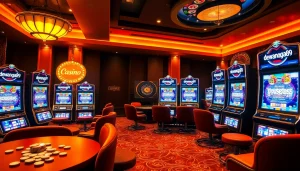 Para pemain menikmati kemenangan mendebarkan di mesin slot dewanaga89 dalam lingkungan kasino yang penuh warna.