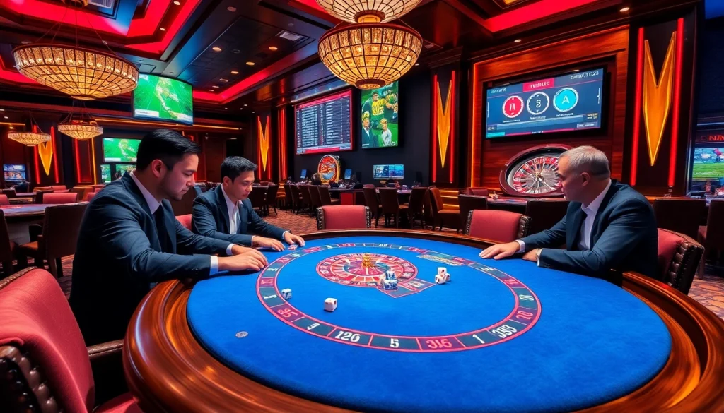 Bongdalu engaging players in a thrilling casino environment with a poker table, dice, and roulette.
