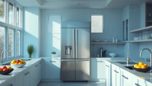 Stainless steel refrigerator in a bright modern kitchen setup with fresh fruits.