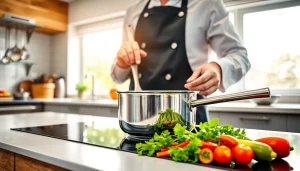 Using the best cookware for induction NZ, a chef prepares fresh ingredients in a modern kitchen.
