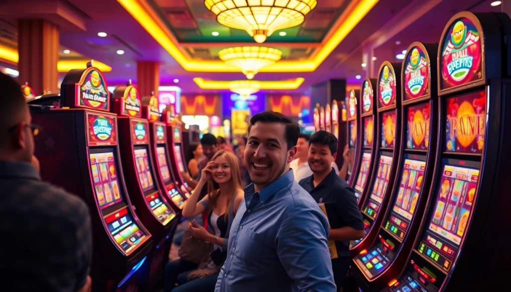 Menikmati keseruan slot deposit pulsa di kasino dengan mesin slot modern dan pemain bersemangat.