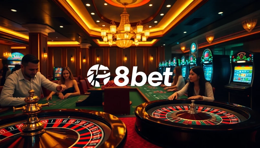 F8bet players strategizing at a vibrant casino table filled with chips and cards.