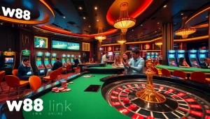 Engage with the luxurious ambiance of W88 link at a vibrant casino scene featuring blackjack tables, slot machines, and excited players.
