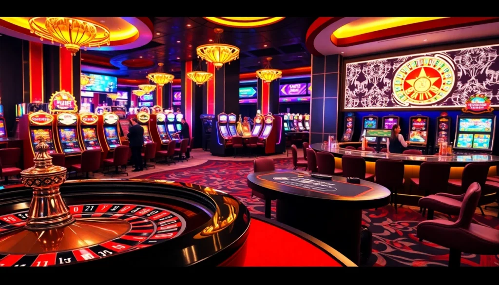 Engage with high-stakes betting at F8BET's vibrant casino environment featuring roulette, poker, and slot machines.