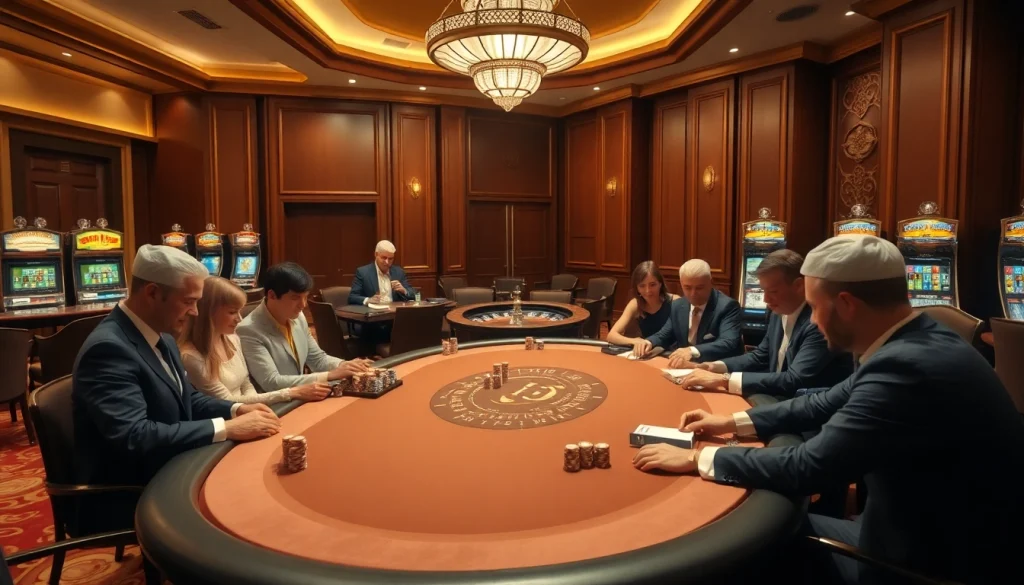 KJC casino scene showcasing elegant poker players and a vibrant atmosphere of excitement.