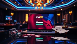 Experience the excitement of sbobet login in a luxurious online gambling setting with poker chips and cards.