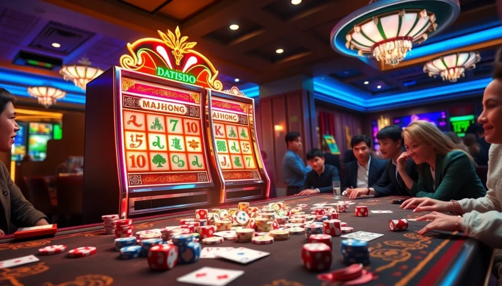 Rasakan sensasi demo slot Mahjong dengan visual kasino yang hidup, menampilkan para pemain yang sedang berinteraksi dengan mesin slot.