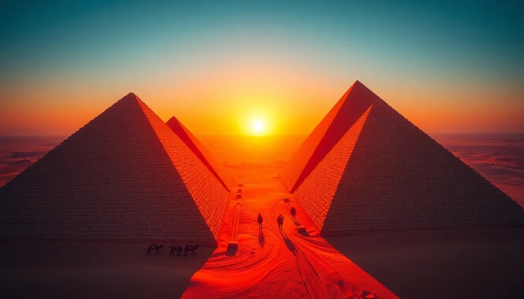 Captivating view of piraminds in a sunset landscape, highlighting their grandeur and intricate textures.