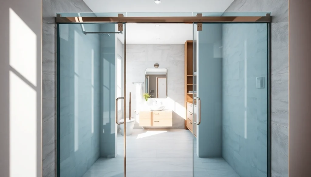 Explore modern glass shower doors elegantly designed in a contemporary bathroom setting.