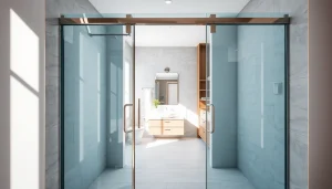 Explore modern glass shower doors elegantly designed in a contemporary bathroom setting.