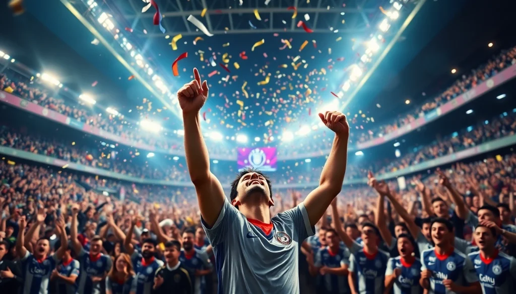 กองเชียร์ที่ตื่นเต้นฉลองประตูในการแข่งขันผลบอลยูฟ่าแชมป์เปียนลีก