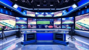Sports Broadcasting studio with advanced technology and vibrant screens