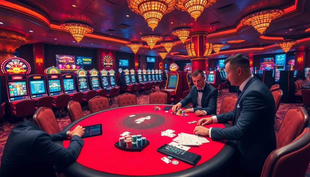 Engaging casino scene highlighting sbobet link alternatif with poker, slots, and vibrant atmosphere.