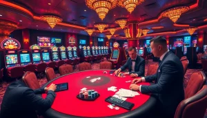 Engaging casino scene highlighting sbobet link alternatif with poker, slots, and vibrant atmosphere.