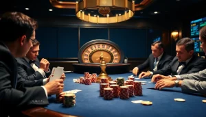 The hidden wiki showcases elite poker players engaged in high-stakes gameplay surrounded by an elegant casino atmosphere.