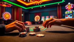 Experience intense poker action at RR88 with luxurious chips and vibrant casino lights.