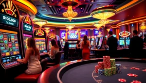 Rasakan permainan yang mendebarkan dengan Depo 5k di suasana kasino yang hidup, menampilkan mesin slot dan meja poker.