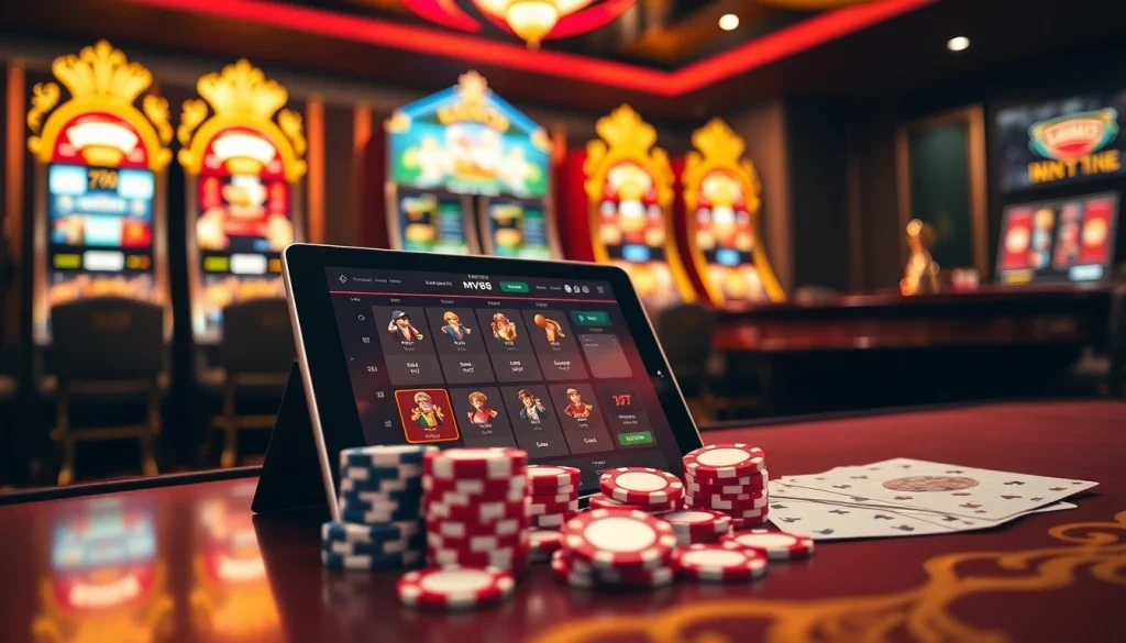 Engaging MV88 online casino scene with vibrant poker chips and roulette wheel.