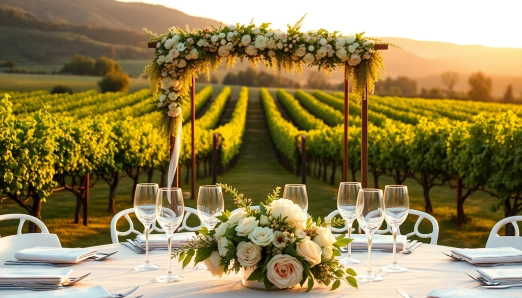 Captivating Clarksburg Wedding Venues featuring a beautifully arranged vineyard setting with floral decorations.