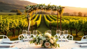 Captivating Clarksburg Wedding Venues featuring a beautifully arranged vineyard setting with floral decorations.