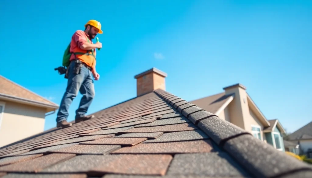 Professional roofing services technician inspecting shingles on a sunlit roof.