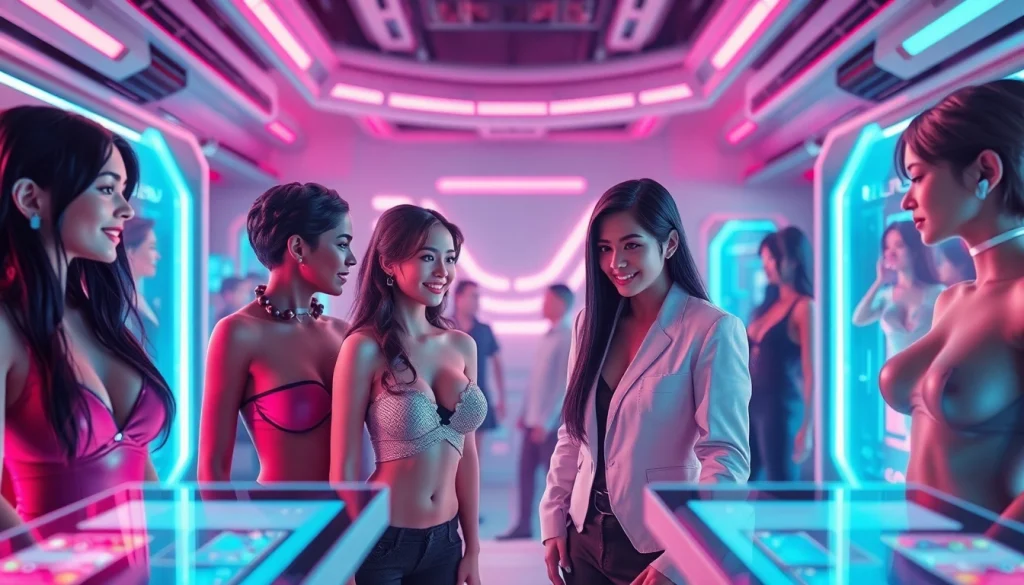 NSFW character interactions in a futuristic, vibrant digital setting.