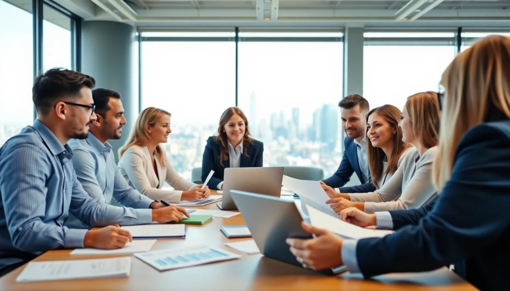 Engage with professionals at an extended warranty company discussing strategies and client needs.