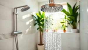 Enjoy a rejuvenating experience with the sunny shower USA amidst a serene, modern bathroom setting.