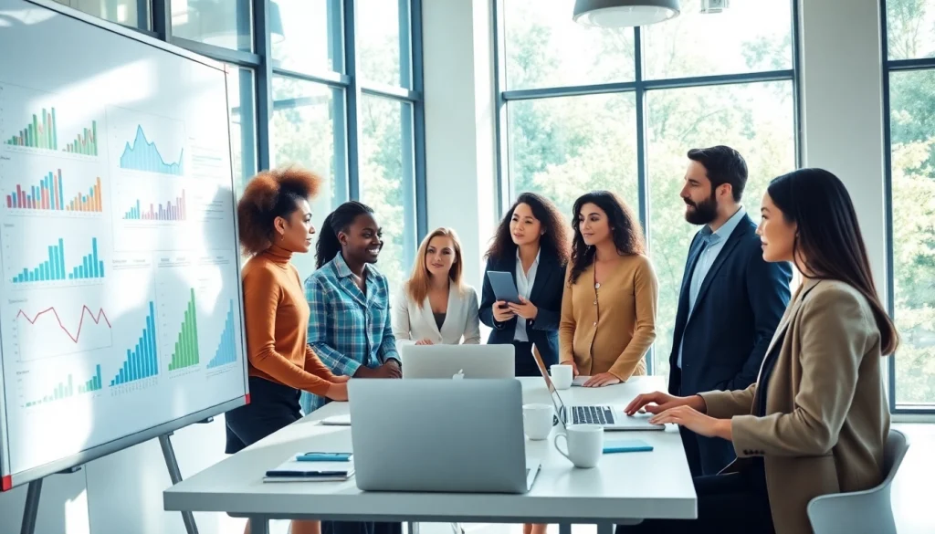 Analyze growth strategy trends with a diverse business team in a collaborative setting.