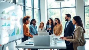 Analyze growth strategy trends with a diverse business team in a collaborative setting.