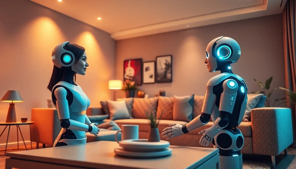 Engaging AI sex robot conversation in a cozy, modern living room setting