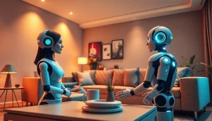 Engaging AI sex robot conversation in a cozy, modern living room setting