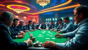 Engaging poker scene showcasing BK8 เว็บตรง excitement with players and a dealer