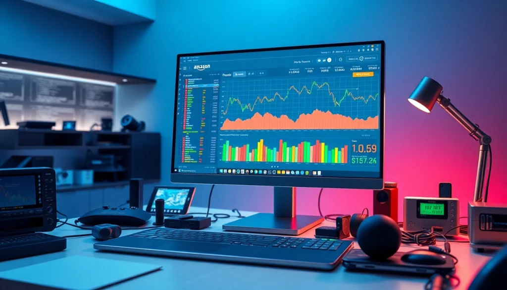 Infosec-focused e-commerce workspace displaying a smart Amazon price tracker on a computer screen with vibrant charts.