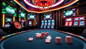 Experience the thrill of MM 88 online casino gaming with luxurious tables and vibrant slot machines.