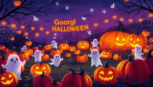 Engaging atmosphere of the google halloween game 2022 with playful ghosts and pumpkins.
